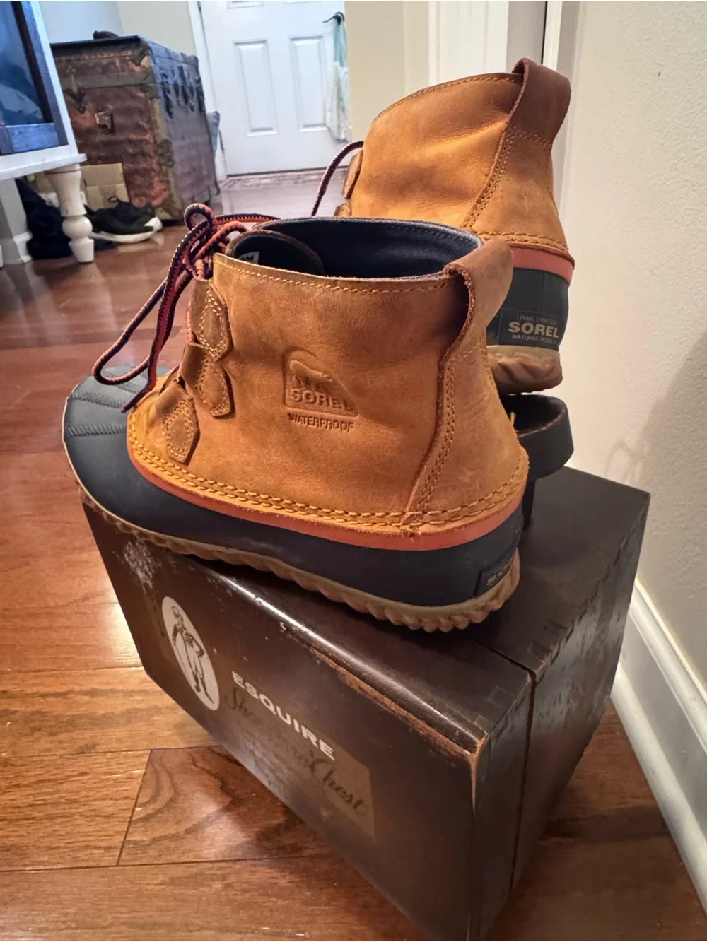 Waterproof Sorel Brown and Navy Lace-Up Rain Duck Boots with Orange Trim